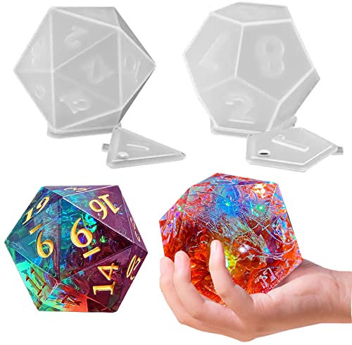 Große Würfel-Harz-Formen, 2 Stile Silikon-Würfelform für Epoxidharzguss, dreieckige sechseckige D20 D12 Würfelspielform mit Zahlen, Silikonharz-Kerzenform für DIY-Kunsthandwerk, Heimdekoration