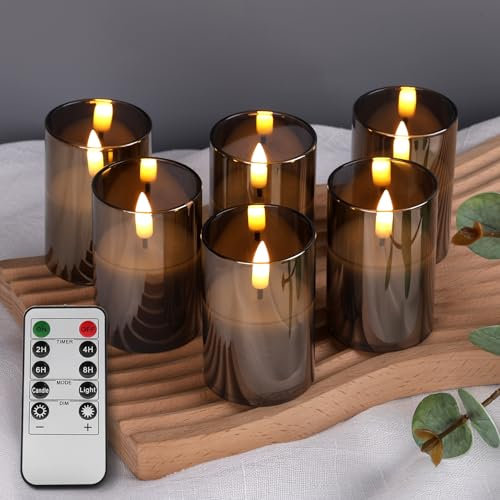 Eywamage Grey Glass Flameless Candles with Remote Timer, 6 Pack Flickering LED Votive Candles Battery Included Φ 2 H 3