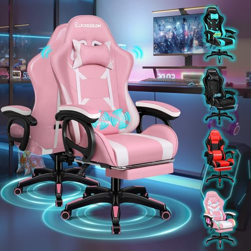 ELFORDSON Gaming Chair with 2-Point Massage Cushion, Computer Chairs for Home Office, Head Pillow High Back 150° Recliner, for Kids Adults, Pink and White