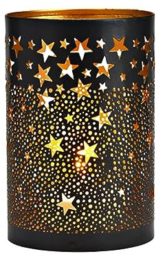 Windlicht - Romantischer Sternenhimmel - Schattenspiel - Teelicht-, Kerzenhalter aus Metall Ø 15 cm - schwarz