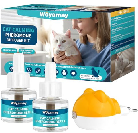 Woyamay Difusor De Feromonas Gatos, Feromonas para Gatos, Kit Calmante 3 En 1 con 1 Difusor Y 2 Viales De Repuesto (48 Ml) para Aliviar La Ansiedad Y Relajación, hasta 60 Días, Feromonas Gatos