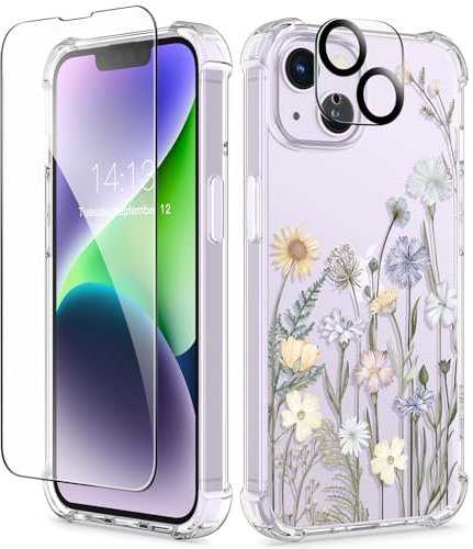 GVIEWIN Kompatibel mit iPhone 14 Hülle 6,1 Zoll 2022,mit Displayschutz Schutzfolie+Kamera Schutzfolie,Blume Klar TPU Dünne Stoßfest Kratzfestes Weiche Handyhülle Schutzhülle, Lebendiger Frühling