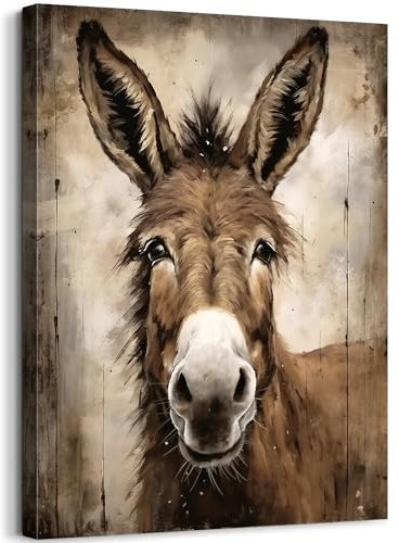 Esel Leinwand Wandkunst Bauernhaus Tier Esel Wanddekoration Bauernhaus Rustikale Holzbretter gerahmte lustige Tierwandkunst Gemälde für Badezimmer Schlafzimmer Dekor