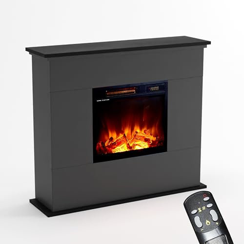 KAMINLICHT Elektrokamin mit Heizung und Kaminfeuer (Standkamin NEO 3) - elektrischer Kamin mit LED-Licht, Heizlüfter, Holz-Deko & Fernbedienung, max. 1500 W - 102x84x27 cm, Grau