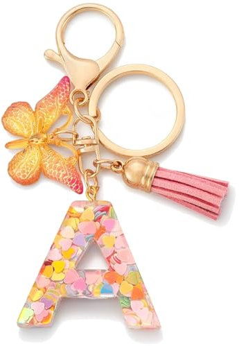 Initiale Letter Keychains Porte Clé Lettre,Voiture Porte-clés Alphabet Porte Clef Resine Lettre avec Papillon Pendentif Porte-clés pour hommes Femmes (Rose-A)