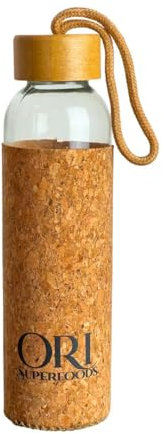 Ori Superfoods Gourde en verre durable avec couvercle en bambou | Manteau en liège naturel | Capacité : 500 ml | Bouteille de sport | Bouteille d'extérieur | Eco-Friendly