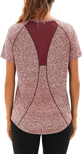 Wayleb Damen Sportshirt Kurzärmliges Shirts Sport T Shirt mit V Ausschnitt Leicht Atmungsaktiv Trainingsshirt Fitness Shirt Gym Yoga Tops, Weinrot XXL