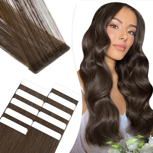 Elailite Tape Extensions Echthaar #2 Dunkelbraun, 10 Stück Unsichtbar Kleber Haarverlängerungen 20g, 25cm Genähtes Haar Glattes Invisible