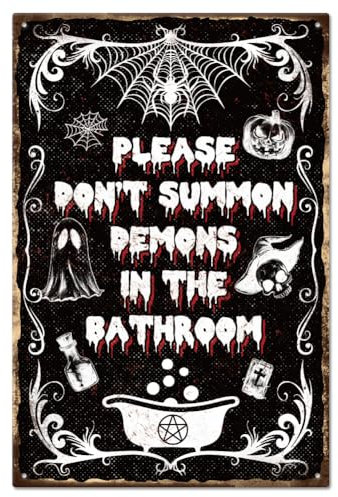 GLOBLELAND Halloween Badezimmer Blechschild 12x8 Zoll Metall Retro Wanddeko 'Bitte rufen Sie keine Dämonen im Badezimmer herbei'