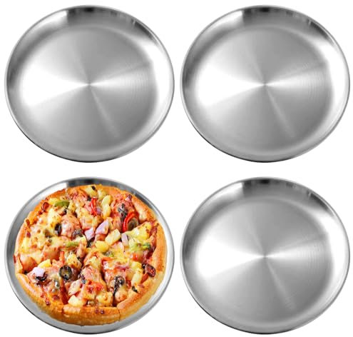 Assiettes en Acier Inoxydable 30cm, Lot de 4 Plats de Service, Plateau pour Camping, Cuisine, Salle à Manger - Ronds, Inox