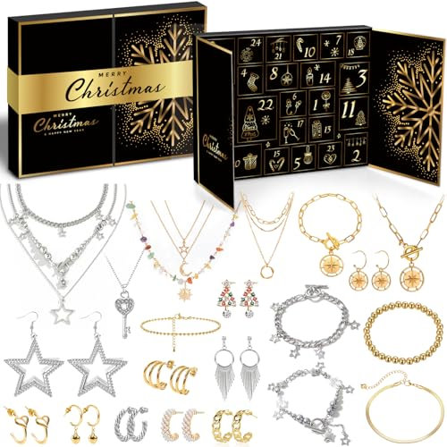iZoeL Adventskalender Schmuck Frauen Teenager Mädchen 2024 Weihnachtskalender 24 tolle Mode Schmuckkalender Weihnachten Kalender Halskette Armband Ringe Ohrringe