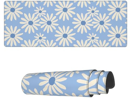 Mauspad mit Blumenmuster, groß, erweitert, Computer-Tastatur, Mauspad mit rutschfester Unterseite und genähtem Rand, für Zuhause, Spiele, Büro, 80 x 30 cm, Blau und Creme