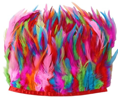 10m Federquasten Spitzenband,10-15cm Hühnerfedern Feder Fransen Band Fransenborte Federquastenband Federband Zierband Dekoband für DIY Handwerk Halloween Karneval Kostüme Deko,Bunt