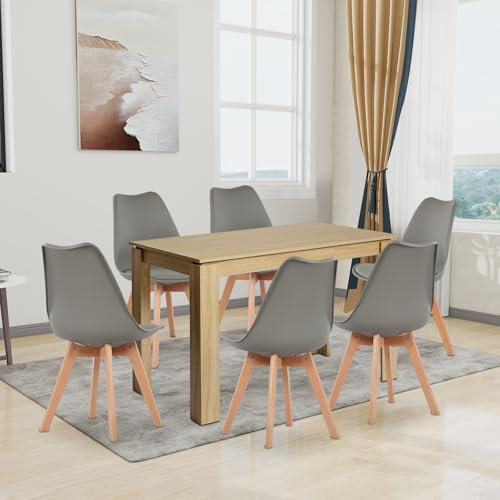 FURNITABLE Juego de 6 sillas de comedor y mesa de comedor rectangular de 110 cm, para salón, cocina, oficina (mesa de roble+6 sillas gris)