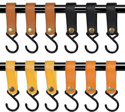 AOZUO 12 Stück Haken für Kleiderstange, S Haken mit Lederschlaufe zum Einhängen, Multifunktionshaken Kinderwagen Haken Campinghaken für Garderobe Mantel Badezimmer, Mantel, Handtuch, Küche
