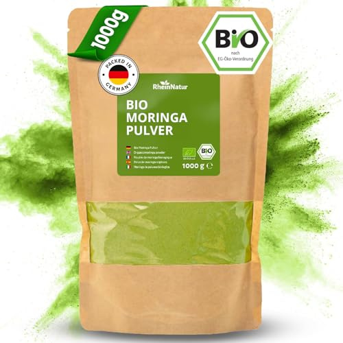 RheinNatur Bio Moringa Pulver 1 kg - 100% Bio-Moringapulver - Reich an Vitaminen, Mineralstoffen & Antioxidantien, ideal als pflanzliche Proteinquelle - 1000 g Beutel
