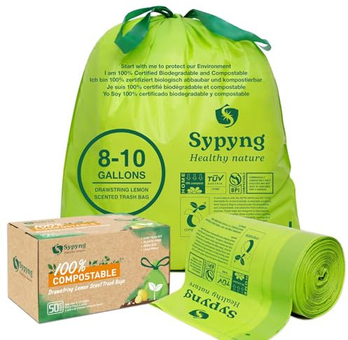 Sypyng Lot de 50 sacs poubelle compostables – Sacs à compost avec cordon de serrage – 100 % biodégradables et recyclables, sacs poubelle très résistants ASTM D6400, US BPI (vert, 20 à 37 gallons)