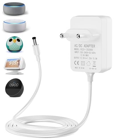 RENGOGA 15W Cargador Adaptador para Echo Dot (3.ª, 4.ª y 5.ª), Echo Dot con Reloj (3.ª y 4.ª), Echo Dot Kids Edition (3.ª y 4.ª generación), Echo Show 5 (1.ª y 2.ª), Echo Spot y Fire TV Cube - Blanco