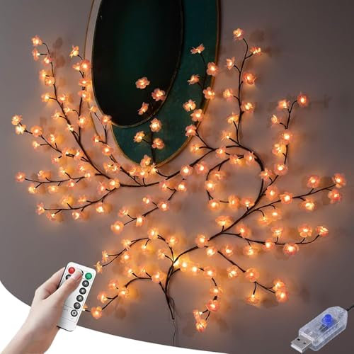 Starnearby Albero Luminoso da Parete, Catena Luminosa Fiori di Ciliegio, Luci Decorativi a Ramo con Telecomando, 8 Modalità, Rami Luminosi da Interno, Decorazione da Parete (Rosa, 1.6m + 72 LED)