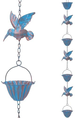 2.4m Hummingbird Rain Chains for Gutters, Decorative Rain Chimes Movable Hanging Outdoor Rustproof Rain Catchers with 7 Cups 7 Birds Umbrella Shape Downspouts Hanging Garden Ornament for Divert Water