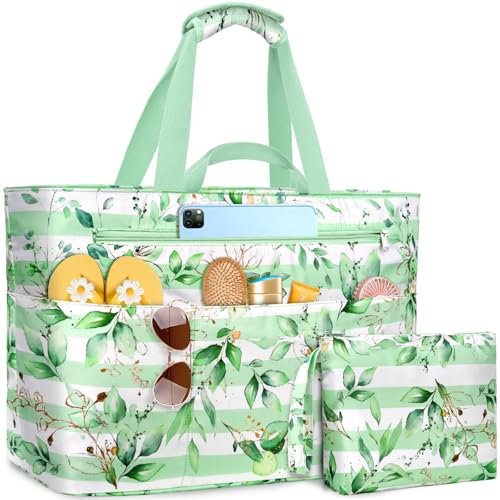 NEWIROVE Strandtasche XXL Familie, Extra Groß Strandtasche Mit Reißverschluss Faltbare Badetasche Damen Wasserdicht Tote Bag Damen Herren Beach Bag Für Strand, Reisen, Urlaub. 50L, Grün Gestreift