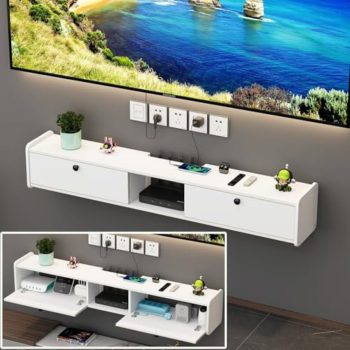 Floating TV Cabinets - Wall-Mounted Media Consoles with Large Storage, Router Stands & Drawers - Stylish White TV Units for Living Room, 100CM/39.4IN Bench Under TV