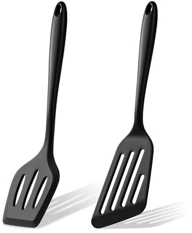 Onader 2Pcs Silicone Spatula Set, Fish Spatula & Slotted Turner for Non-Stick Cookware, Heat Resistant Kitchen Utensils Tools for Cooking, Flipping, Frying, Easy to Clean & Dishwasher Safe, Black