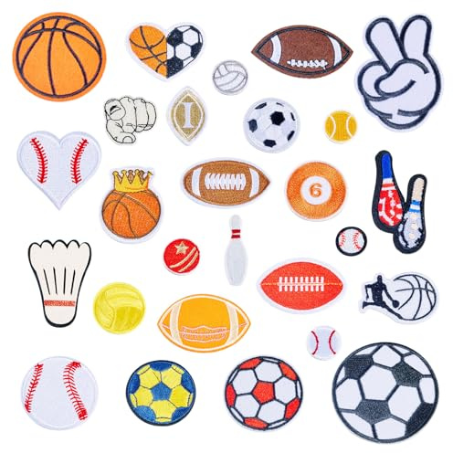 Craftora 27 Pcs Sport Iron on Patches Sports Ball Embroidery Football Baseball Tennis Sew on Patch Rugby Applique for DIY Clothes Jeans Jackets Hat Backpack
