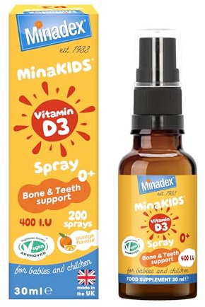 Minadex® MinaKIDS Vitamin D3 Spray – Yummy Orange Flavoured Vitamins for Babies and Children with 400 I.U D3, Recommended for Bone & Teeth Support, Helps Immune and Nervous Systems, Sugar-Free, Vegan