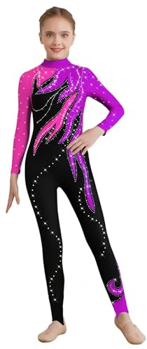 Eandarui Voltigieranzug Mädchen Lang Kinder Ballett Ganzkörperanzug Turnen Langarm Sportbody Gymnastik Trikot Farbblock Patchwork Leotard Mit Strass