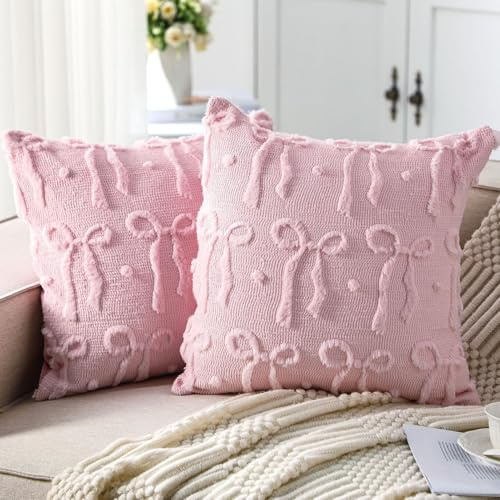 FUFRE 2 Stück Schleife Kissenbezug 45x45 cm, Kissenbezüge Schleifen 45x45 Deko Wohnzimmer Modern Kissenhülle Zimmer Deko Aesthetic Zierkissenbezüge Muttertag Dekokissen Geschenk für Mama (Rosa L)