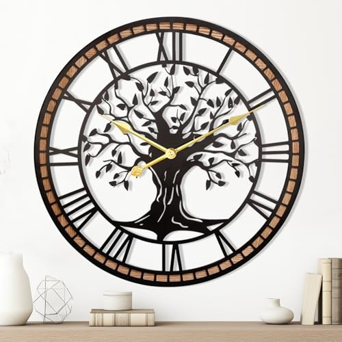 Blissio Wanduhr, 50,8 cm, große Wanduhr für Wohnzimmer, Lebensbaum und Holzrahmen, leise, nicht tickende Batterie (schwarzes Rom, 50 x 50 cm)