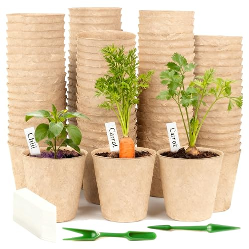 YOOSI Pots Biodégradables, 100 Pièces 8CM Pot de Semis de Plante, Godets de Rempotage Degradable+100Pcs Etiquette Plante+2Pcs Outils de Repiquage, pour Serre Jardin Potager Fleur Semis