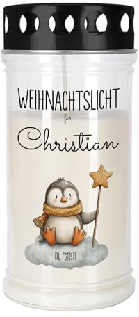 private grief Grablicht Trauerkerze mit persönlicher Beschriftung (Pinguin zu Weihnachten, 7,5 cm x 17 cm (Ø/H))