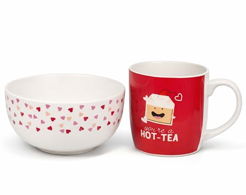 ADEPTNA Valentine’s Breakfast in Bed Gift Set Ceramic Mug & Bowl Set with Heart Design Funny “You’re A Hot-Tea” Mug Romantic Gift for Couples, Him, Her, Wife, Husband Anniversary Romantic