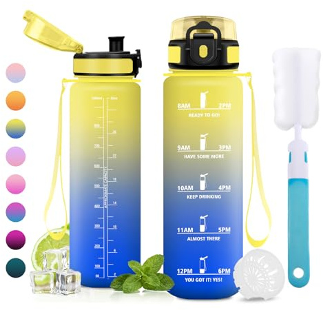 JAPORIA Borraccia 1L, Bottiglia con Marcatori Temporali, Borraccia con Filtro, a Prova di Perdite, Bottiglia Acqua senza BPA, per Scuola, Ufficio, Sport, Palestra