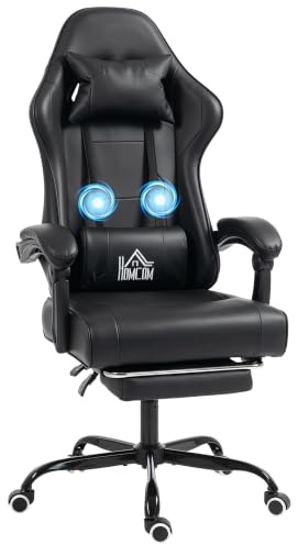 HOMCOM Sedia Gaming Ergonomica, Poltrona Gamer con Supporto Lombare Massaggiante, Schienale reclinabile, Altezza regolabile, Poggiapiedi, Poggiatesta, 63 x 66 x 126-134 cm, Nero