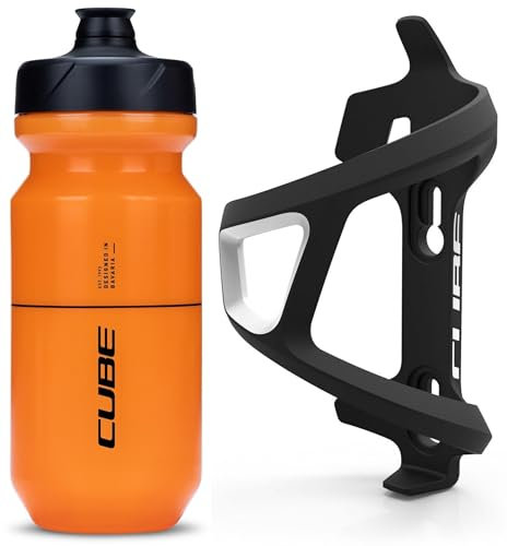 Cube HPP Left Side Loading Cage - Black & Flow Bottle - Orange, 750ml / Lightweight Bicycle Cycling Cycle Bike MTB Mountain Road Water Drink Flask Bidon Bracket Mount Holder HPA HPP Set Accessories
