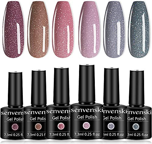 Senvenski Purple Gel Nail Polish Kit - UV/LED Soak Off Nail Art Set with Mauve Lavender Lilac Glitter Starrily Shimmer Sparkle Crystal Color | Manicure Gift for Women Salon Home Use (CS6-002)