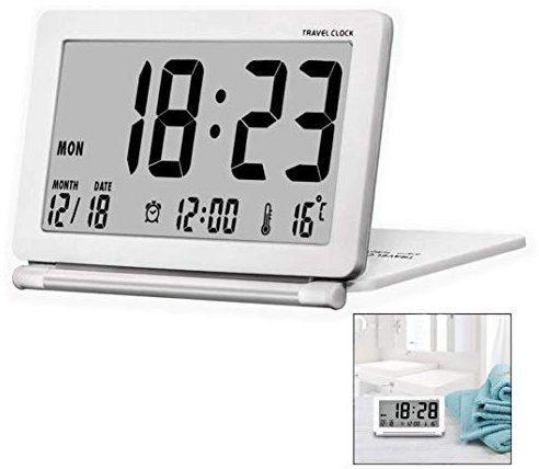 iwobi Despertador de Viaje, Diseño Moderno Plegable, Escritorio portátil Pantalla LCD Digital con música Función de Despertador Temperatura Pantalla de Tiempo Reloj Despertador Digital