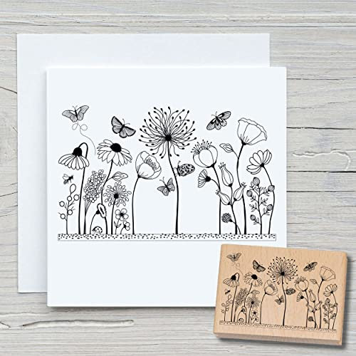 NEWSTAMPS Stempel Blumenwiese 02 Motivstempel groß aus Holz & Gummi zum Karten basteln, Holzstempel, Blumen, Pflanzen, Floral, Wiese, Gräser, Scrapbook, Textilstempel, Deko, Kinder