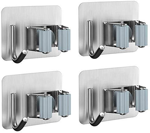 Copiel 4 Piezas Colgador y Organizador de Escobas, Almacenamiento De Herramientas De Trapeador y Escoba,Autoadhesivo De Acero Inoxidable Sin Perforación,Para Jardín De Cocina Garaje Baño Oficina