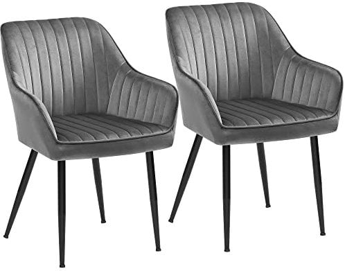 SONGMICS Esszimmerstuhl, 2er Set, Küchenstuhl, Sessel, Samt, Polsterstuhl mit Armlehnen, Loungesessel, bis 120 kg belastbar, Metallbeine, für Esszimmer, Küche, hellgrau-tintenschwarz LDC087G04