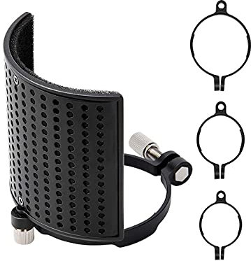 Microphone Shield Isolation with Stand, Metal Mic Pop Filter with Upgraded 3- Layer Filter Foam, Microphone Windscreen Cover for BLUE YETI, AT2020, AT2050- MPFUBK1