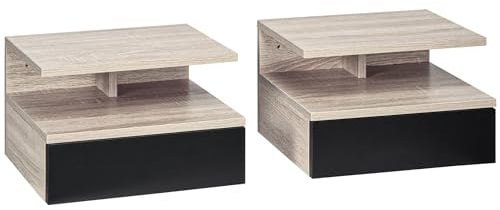 HOMCOM Juego de 2 Mesitas de Noche Flotantes Mesitas de Noche Colgantes con 1 Cajón y Estante Abierto para Dormitorio 35x32x22,5 cm Roble y Negro