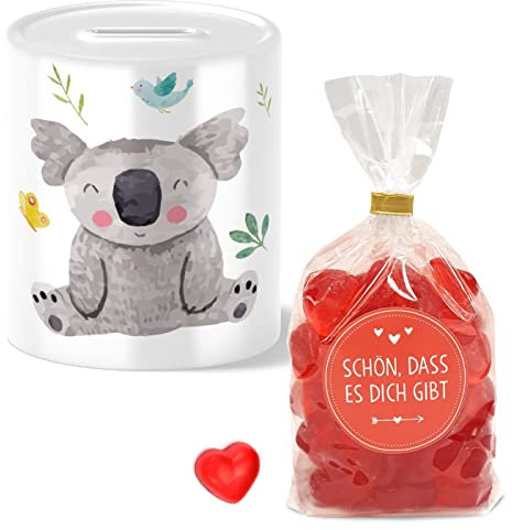 OWLBOOK® Safari Koala Bär Spardose mit Fruchtgummiherzen Geschenke Geschenkideen für Mädchen zum Geburtstag Weihnachten Einschulung Taufe Geburt Sparschwein