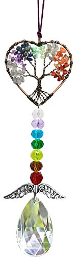 Peili Healing Crystal Decor Tree of Life Car Hanging Accessories Suncatcher with Wings 7 Chakras Window Hanging Decor Meditation Ornaments Home Decoration (colorful heart)