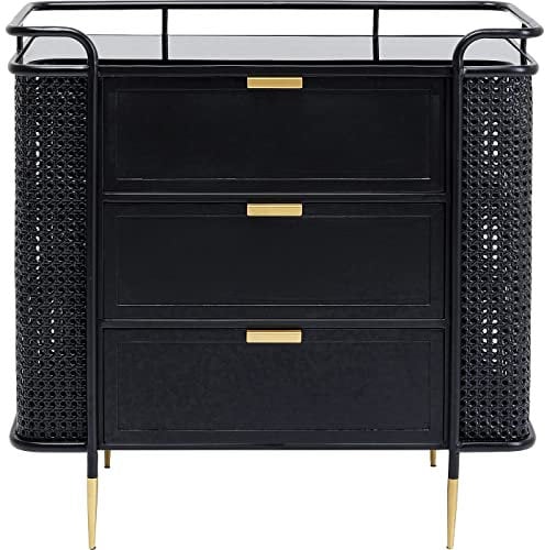 Kare Design Kommode Fence, 80x80cm, Schwarz, 3 Schubläden, Gestell aus Stahl, Deckplatte, EGS Sicherheitsglas,80x80x40cm (H/B/T)