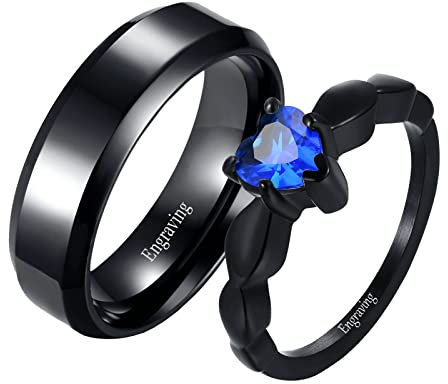Paarringe Edelstahl mit Gravur, Partnerringe Eheringe Verlobungsringe 6MM Schwarzer Ring mit Blau Zirkonia Herz Ring Damen 57 (18.1) & Herren 57 (18.1)