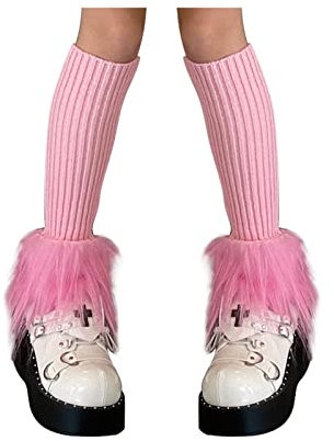 Suxgumoe Women's Leg Warmers, Y2K Knit Knee High Socks, Faux Fur Fuzzy Long Winter Boot Cuffs Cover (Pink)